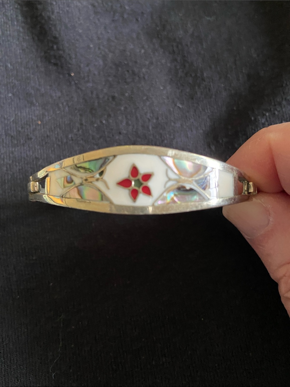 Sterling Silver White Inlay Bangle with Red Flower Accent